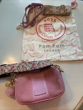 Pom Pom London Pink Suede Crossbody Bag with Removable Decorative Strap